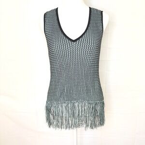 EDUN Knit V-Neck Tank Fringe Sweater Top‎ Teal Black DesignerXS